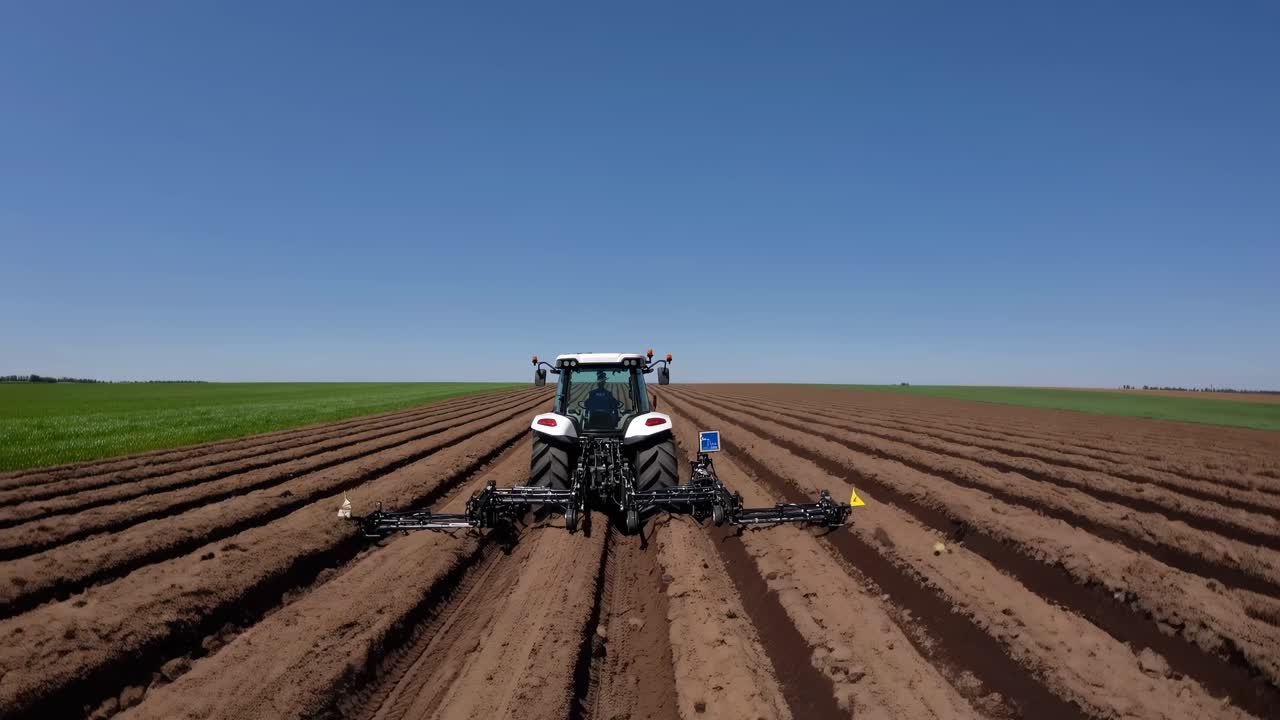 Aerial video of a tractor plowing a vast field under a clear blue sky, showcasing agricultural