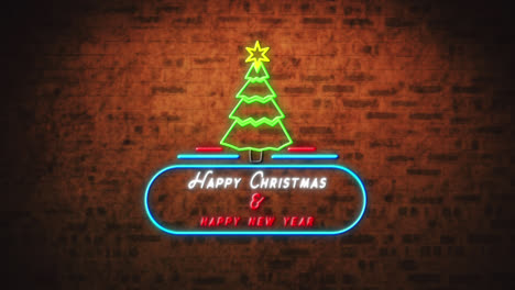 happy christmas & happy new year neon sign on brick wall