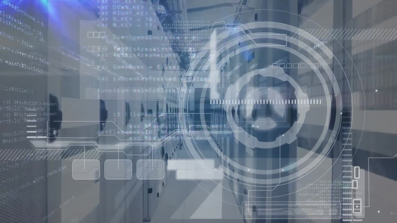 animación del escaneo del alcance y el procesamiento de datos en la sala técnica con servidores informáticos