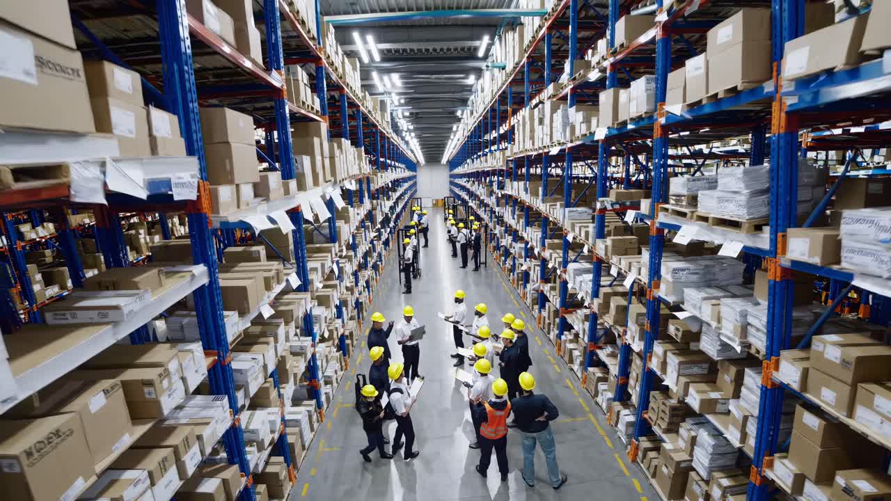 High-angle video shot of a large warehouse with workers in hard hats, surrounded by towering shelves