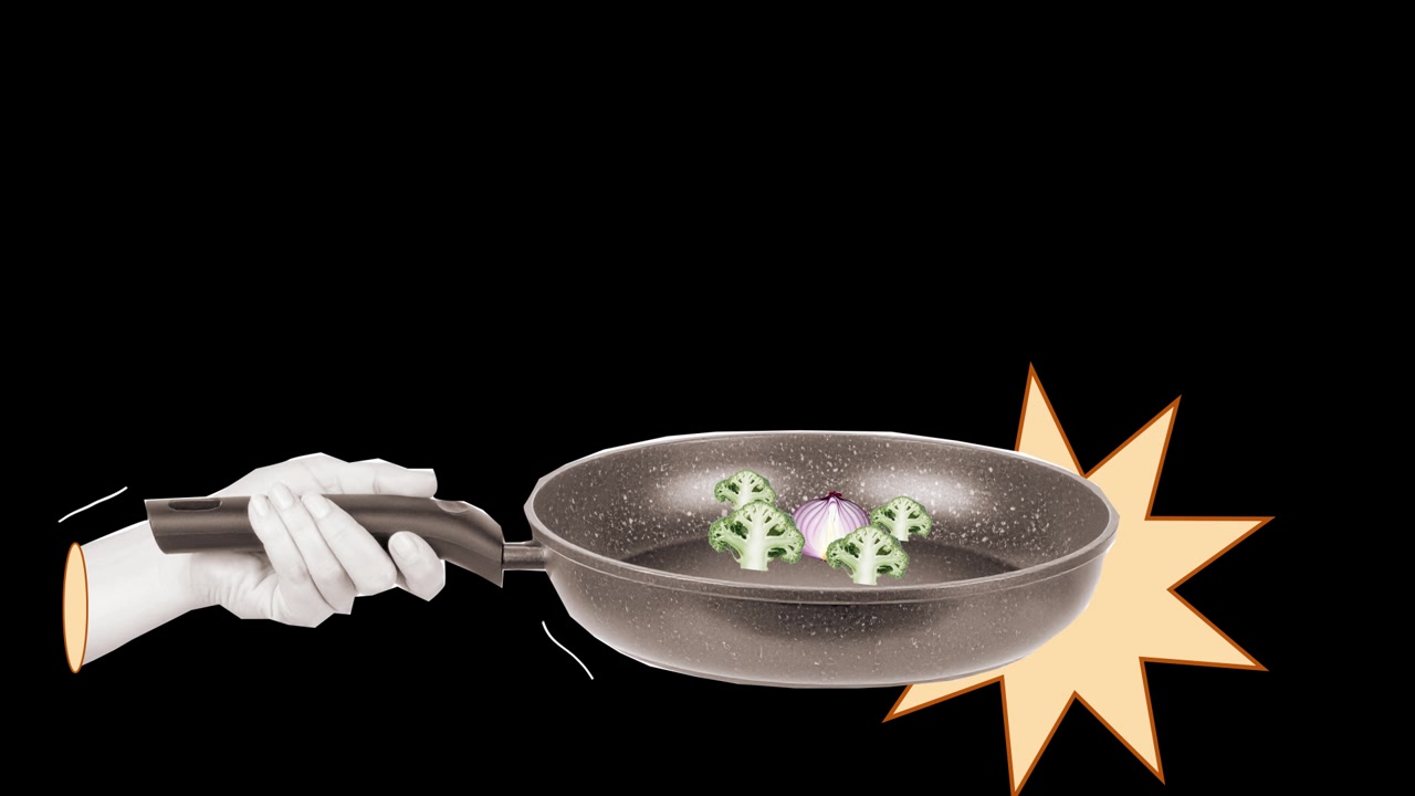 Elementi alimentari animati in stile collage su canale alfa.