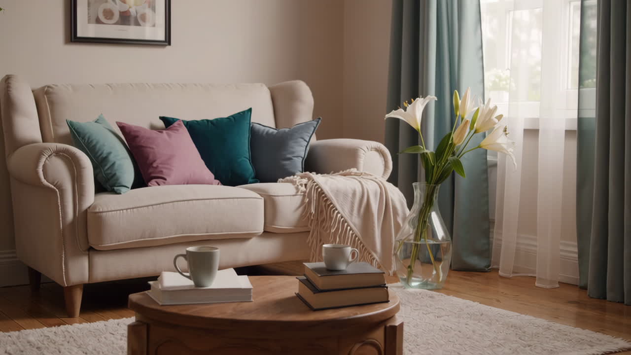 Cozy Living Room with Beige Sofa and Teal Pillows