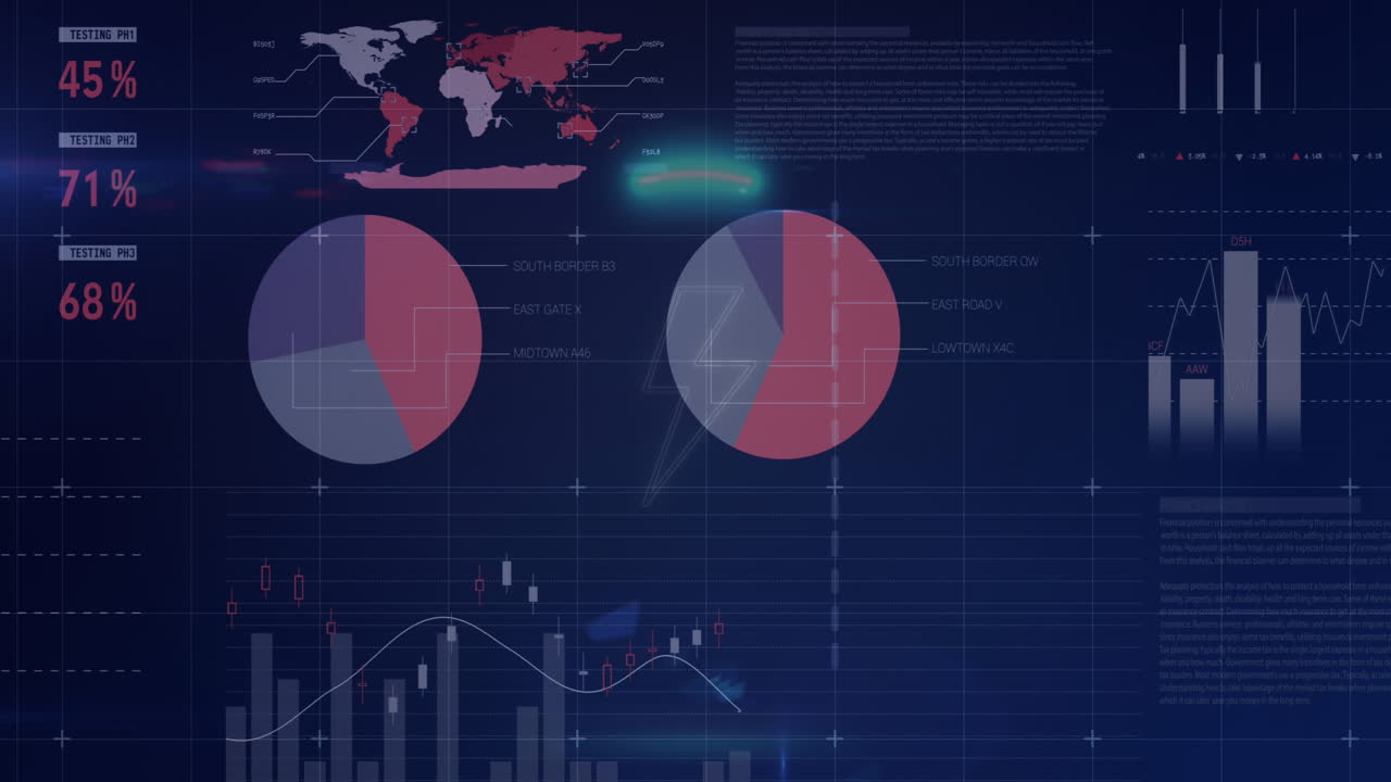 Animation of neon round shape over thunderbolt symbol against statistical data processing