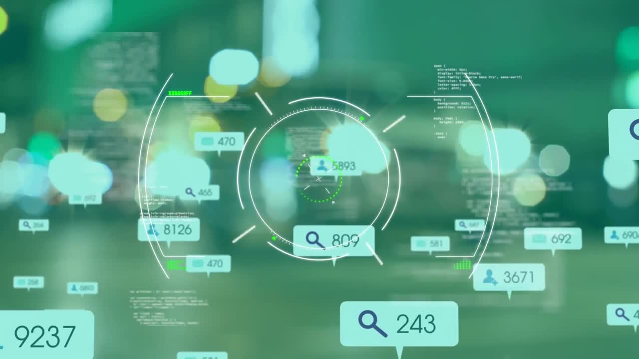 Animation of social media icons and scope scanning over cityscape