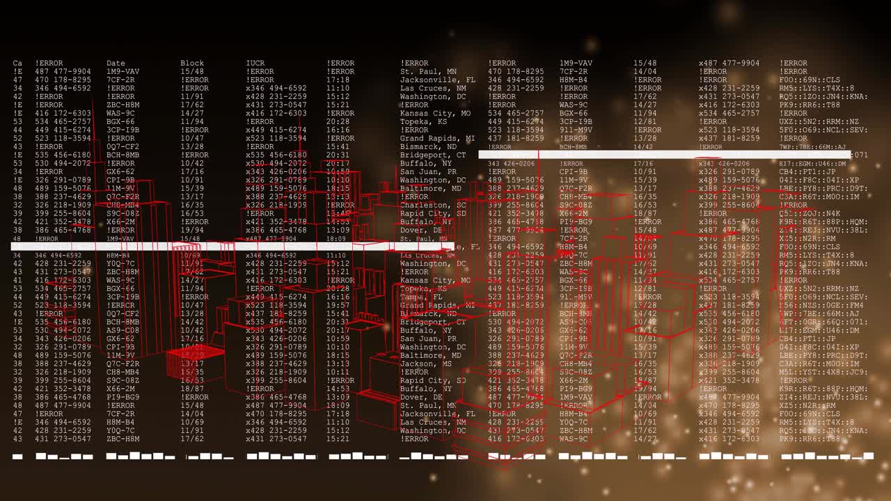 Central matrix animating while scan bar starting sweep, red overlays rising to highlight data