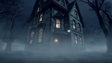 haunted house in foggy forest at night