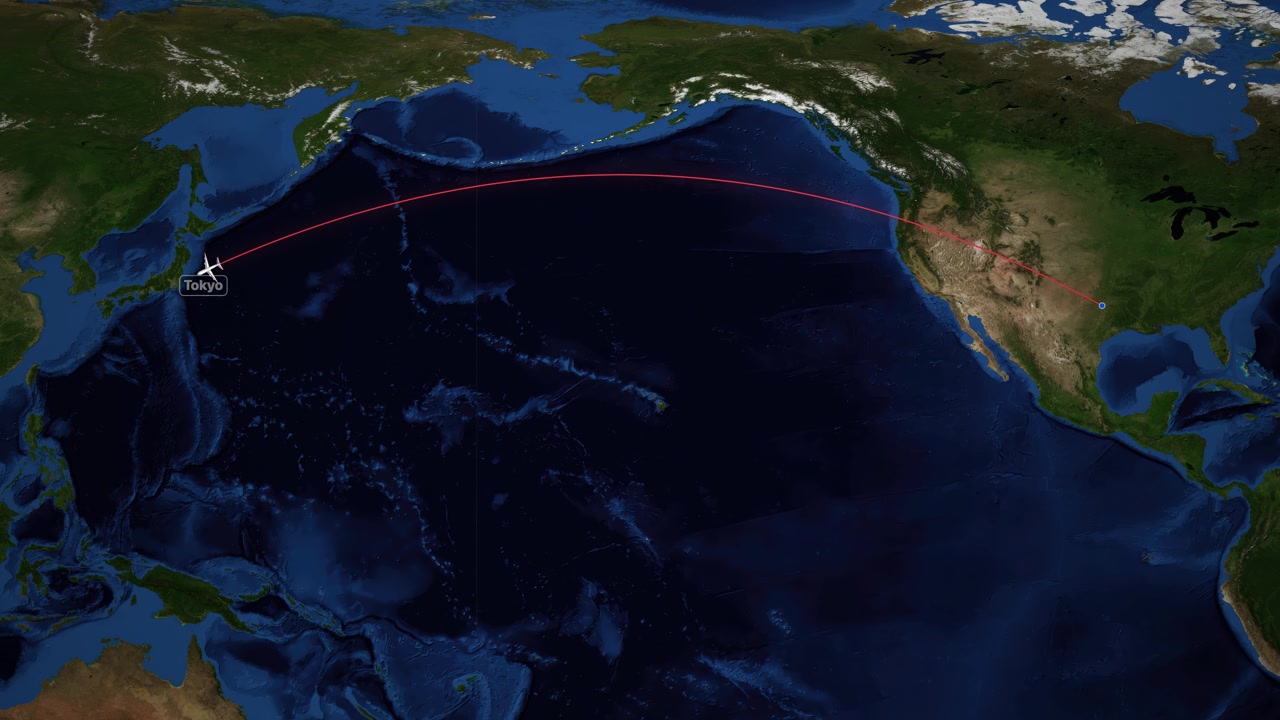 Animated Flight Path from Dallas to Tokyo Across the Pacific Ocean