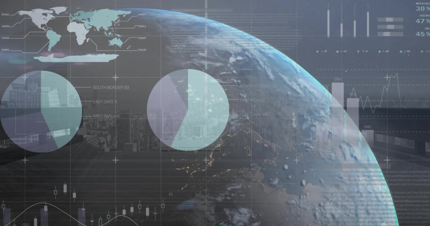 Animation of financial data processing over globe