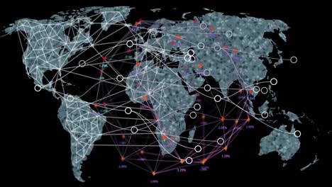 animation of network of connections and data processing over world map