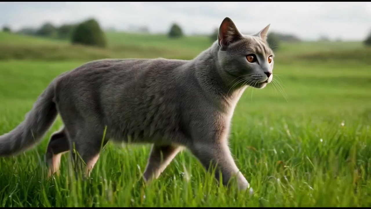 Gatto grigio che cammina in un prato verde lussureggiante.
