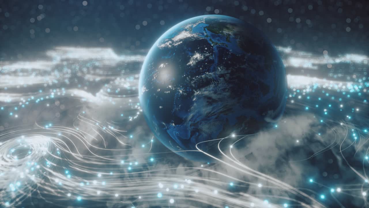 광섬유 구름에서 회전하는 지구는 우주 전체에 신호를 전송합니다. 세계와 공간에서 정보를 확산시키는 개념.