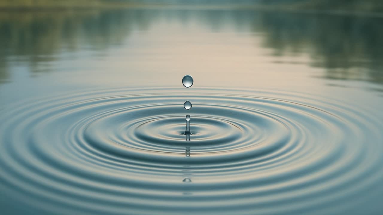 A single water droplet falls onto the smooth surface of a serene lake, creating concentric ripples that expand outward. The scene captures the tranquil beauty of early morning light, illuminating the surrounding landscape. Soft colors reflect on the water, enhancing the peaceful atmosphere. This mom