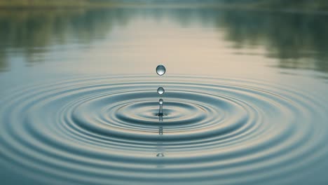 a single water droplet falls onto the smooth surface of a serene lake, creating concentric ripples that expand outward. the scene captures the tranquil beauty of early morning light, illuminating the surrounding landscape. soft colors reflect on the water, enhancing the peaceful atmosphere. this mom
