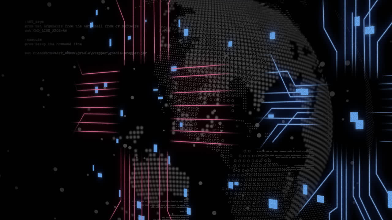 Animation of digital data processing over computer circuit board and globe