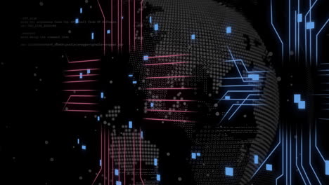 Animación-Del-Procesamiento-De-Datos-Digitales-Sobre-Placa-De-Circuito-De-Computadora-Y-Globo-Terráqueo.