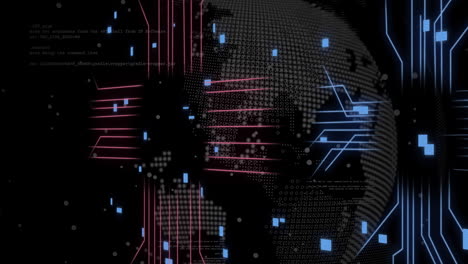 animation of digital data processing over computer circuit board and globe