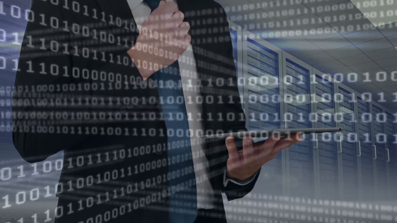 Animation of data processing over businessman using smartphone in server room