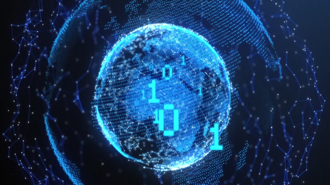 animación de codificación binaria y globo sobre fondo negro