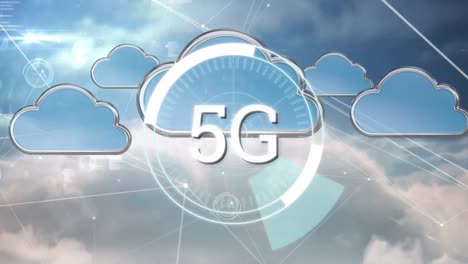 cielo con nubes y líneas asimétricas y círculo futurista con 5g