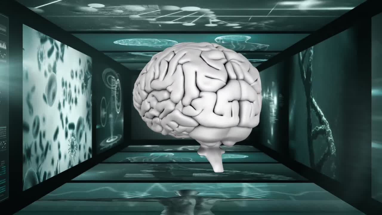 animación del cerebro humano girando sobre pantallas con procesamiento de datos científicos