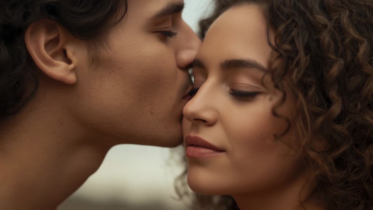 Leaning man placing tender kisses on partner's cheek under cloudy sky, faces and hair showing care
