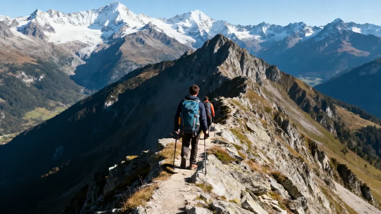 Et par i fjellstøvler går på en fjellrygg, bærer turkise og mørke sekker med staver, og er på vei mot toppen