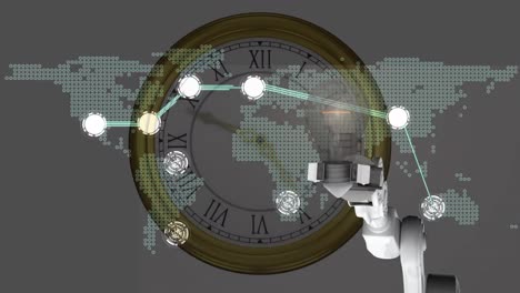 Animation-Von-Kommunikationsnetzwerk-Und-Roboterarm-über-Uhr-Und-Weltkarte