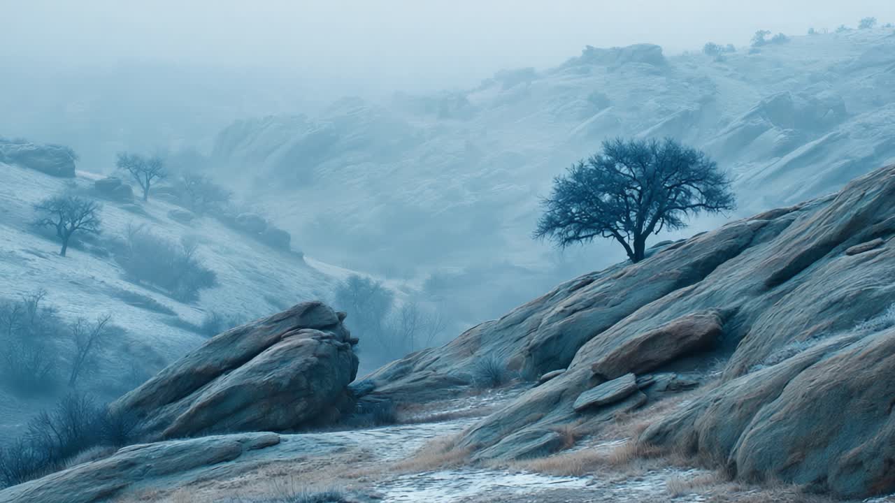 A Serene Winter Landscape: Frosty Rocks and a Lonely Tree in a Misty Valley Evoking Calmness and Solitude Amidst Nature's Beauty