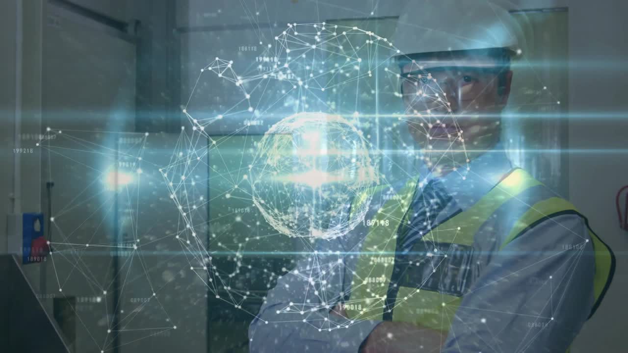 Holographic network globe activating and revealing engineer in safety gear showing plant monitoring