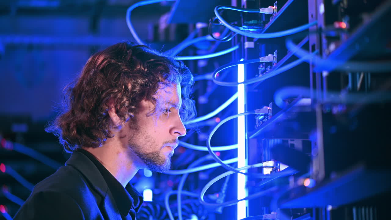 Man analysing servers in a data center