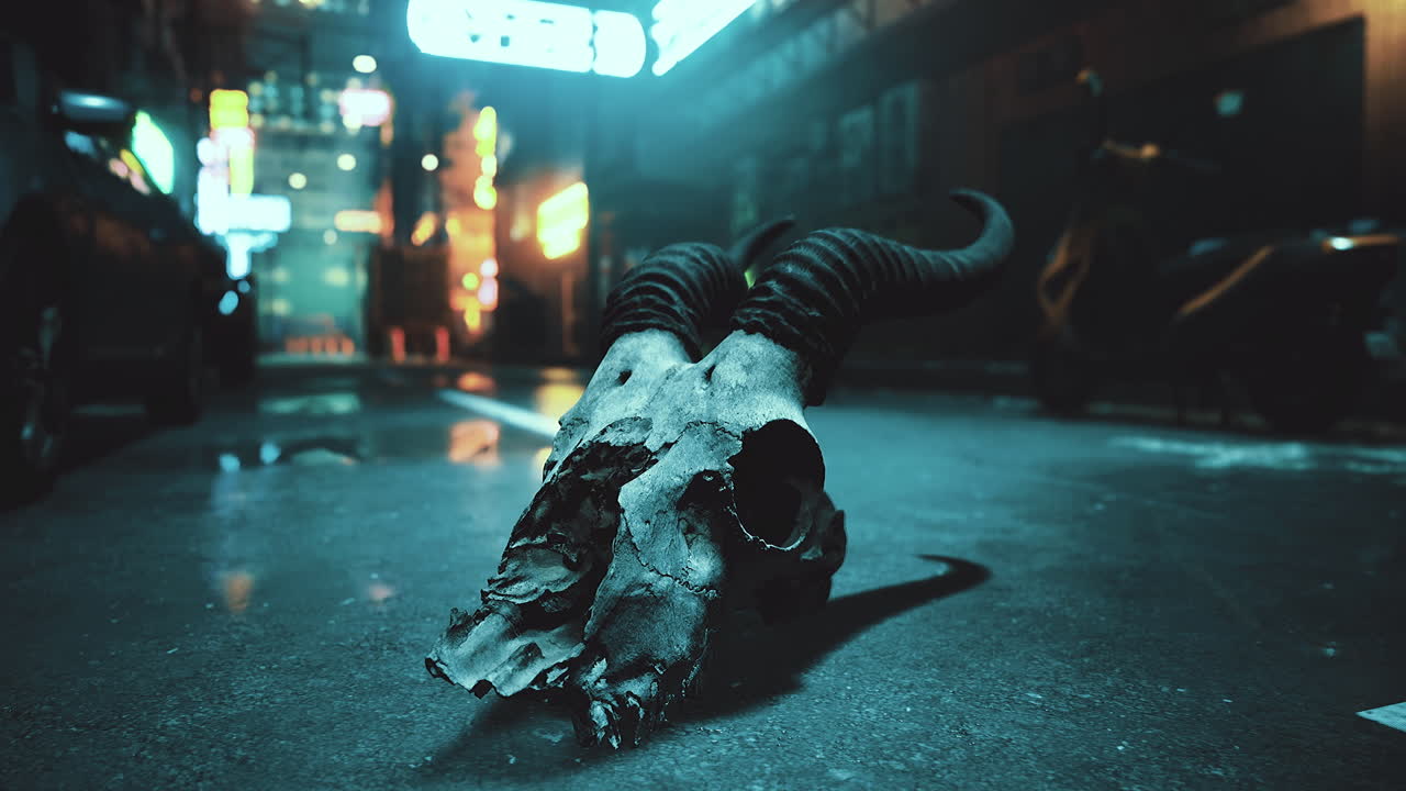 Dark urban street featuring a skull with horns at night