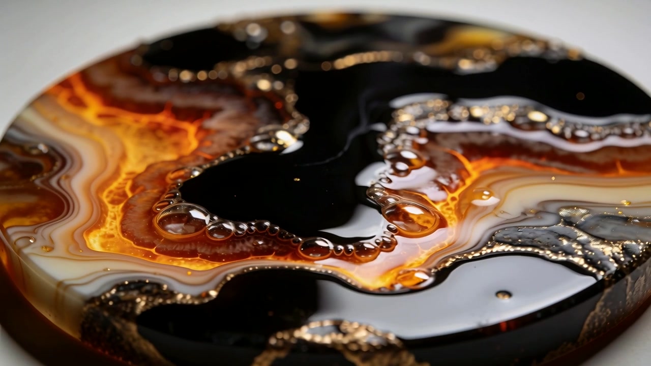 Shifting light, round resin disc showing bubbles merging, amber veins revealing in studio