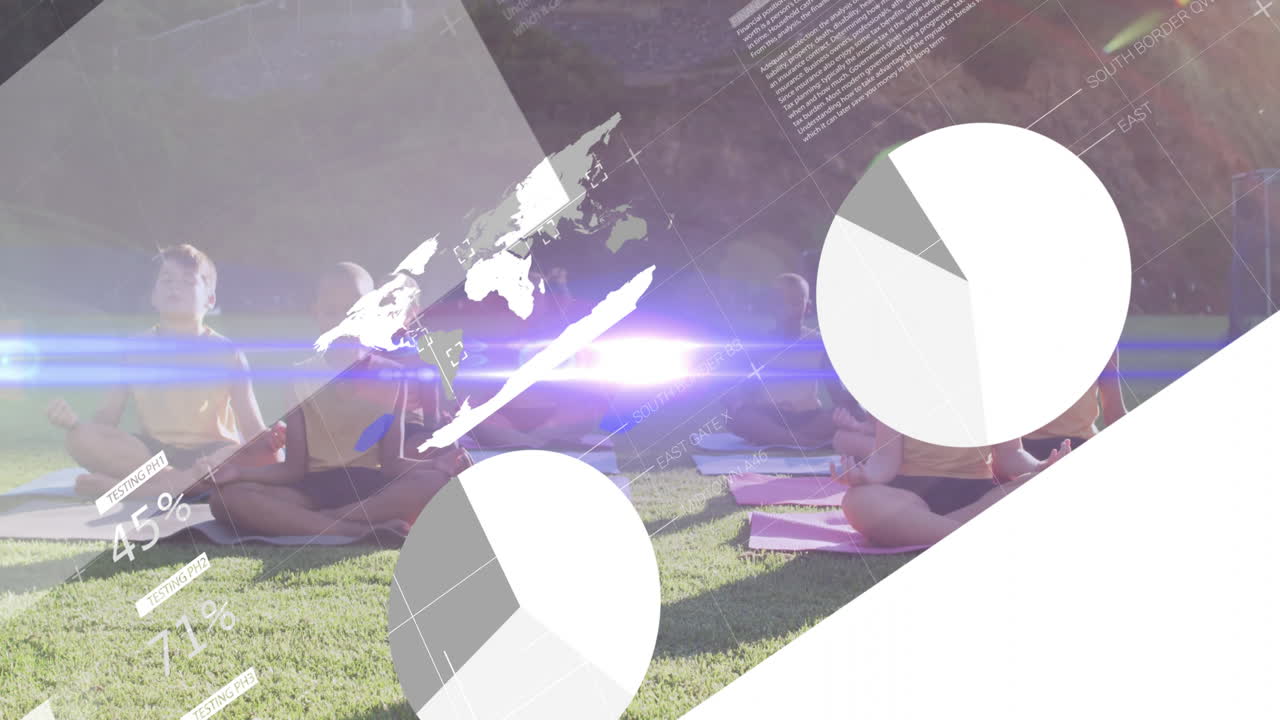 Practicing yoga outdoors, children with data processing animation overlay in park