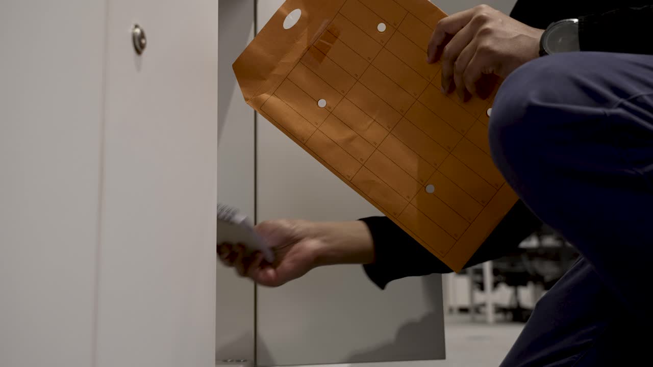 개인이 실내 사무실 환경에서 작은 개인 저장 상자를 열고 내부 우편 봉투를 넣습니다.