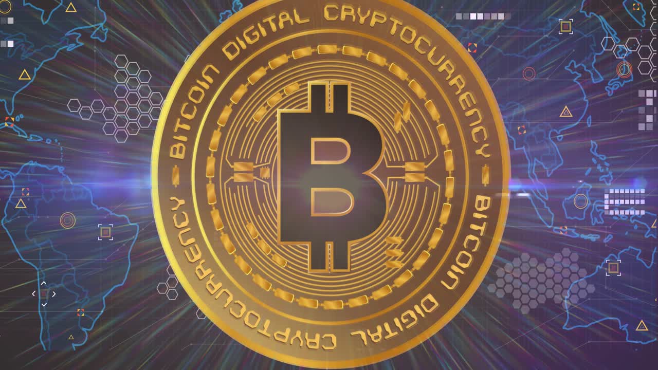 Animazione di elaborazione dati e mappa del mondo su Bitcoin