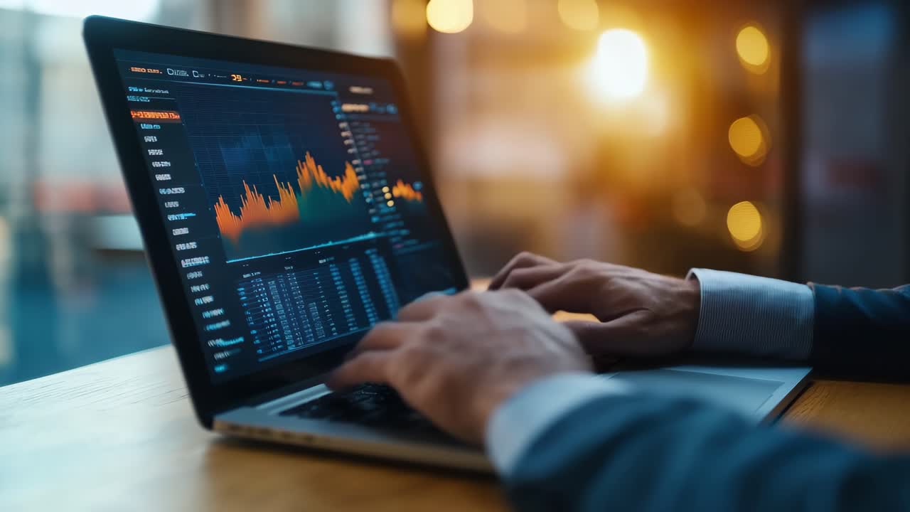 Close-up angle of hands typing on a laptop displaying stock market charts