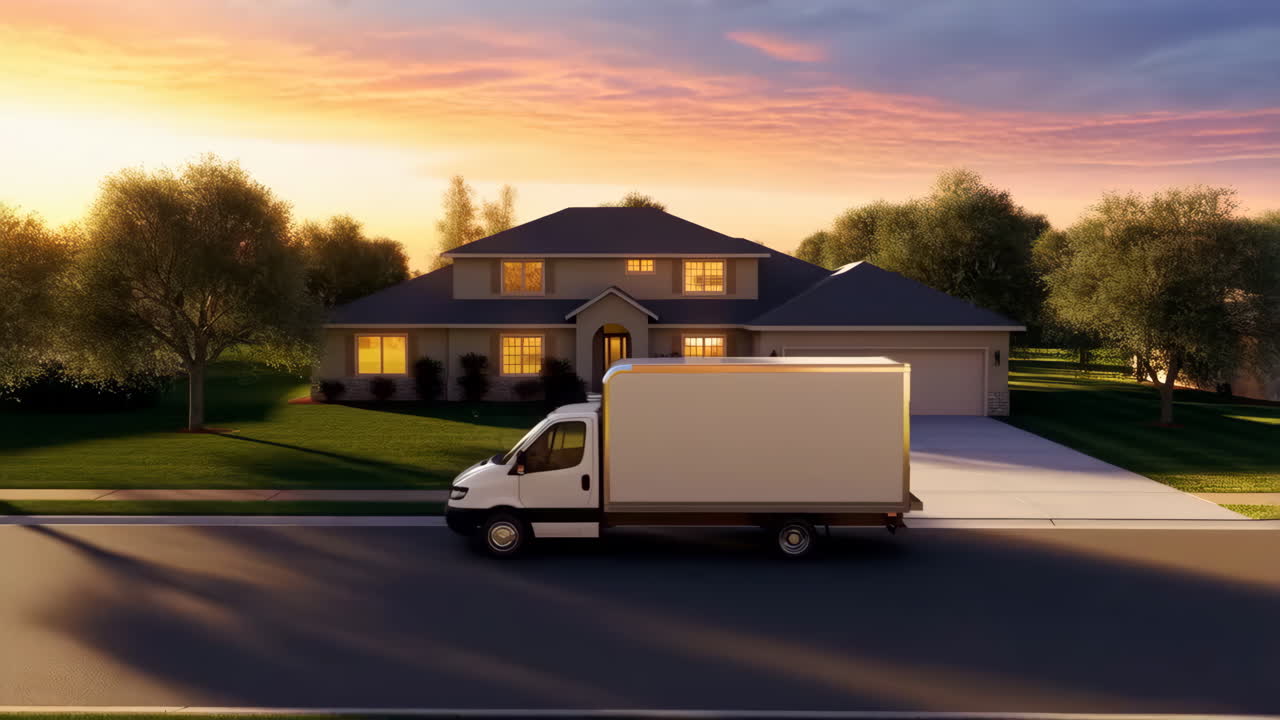 Delivery Van in Front of a House at Sunset
