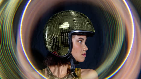 woman poses with mirrorball bunny ears