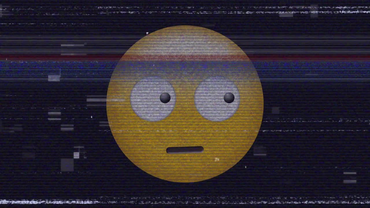Digital animation of tv static effect over confused face emoji against black background