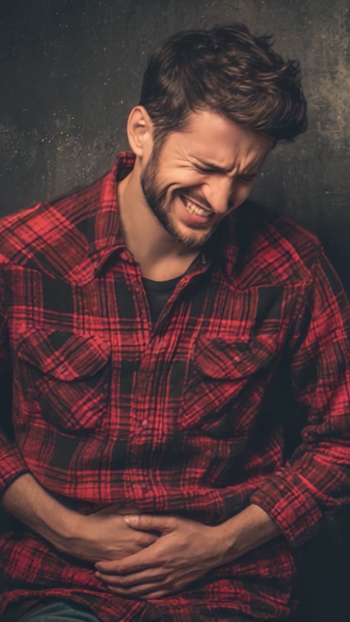 A Man Experiencing Discomfort: Two Frames Capturing Expressions of Pain and Struggle While Holding His Stomach in a Dimly Lit Background