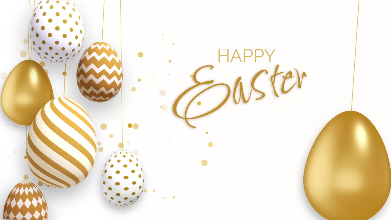 Golden Easter eggs with patterns hang on strings. Shiny gold particles on white background. Looped Christian holiday animation Happy Easter.