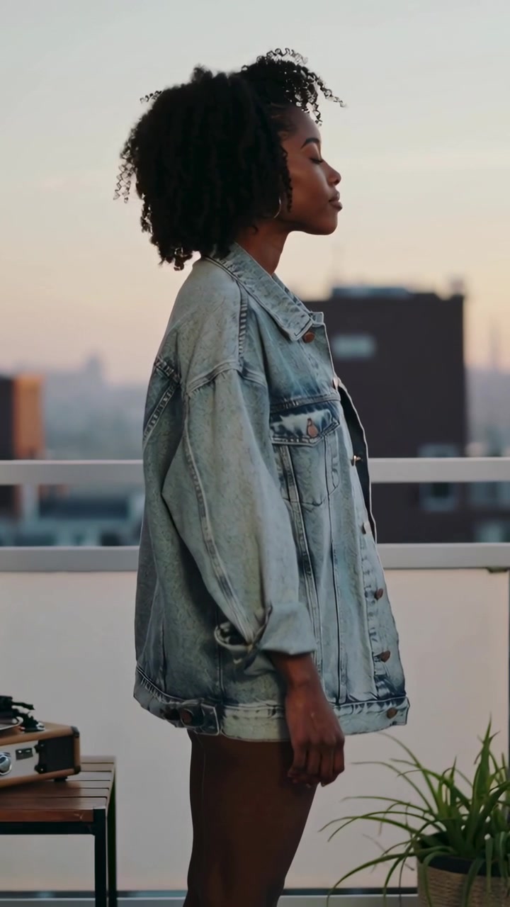 Video verticale: Donna in giacca di jeans che si bagna nel tramonto, respira e si inclina su un tetto vicino a un giradischi