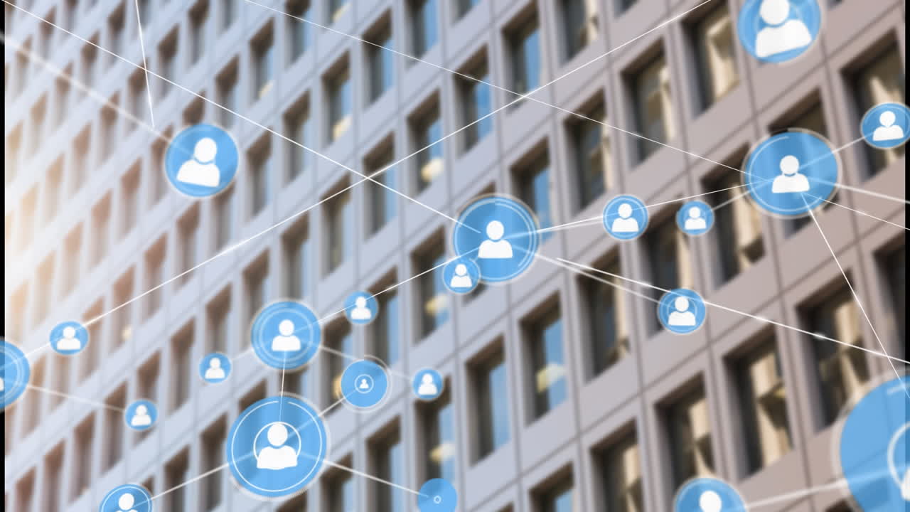 높은 건물의 전망 위에 프로필 아이콘 네트워크의 애니메이션