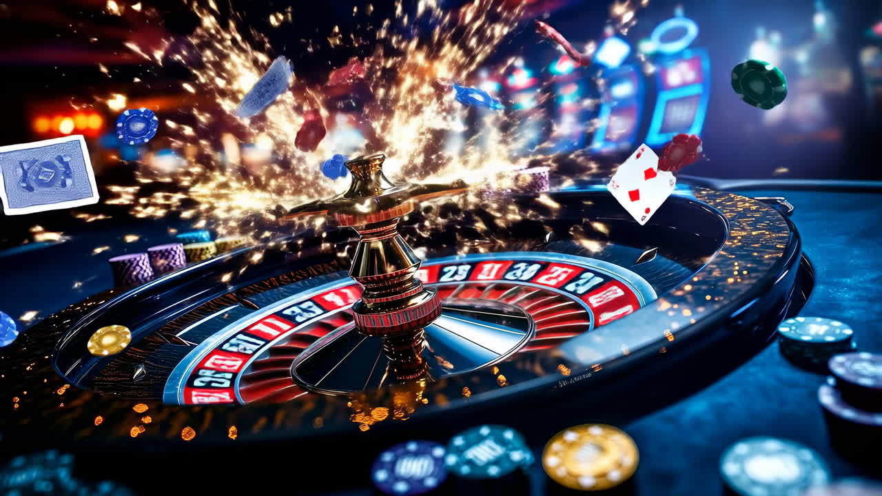 Vibrant casino roulette fun!. Colorful chips, cards, and a spinning roulette wheel capture the lively atmosphere of a casino at night
