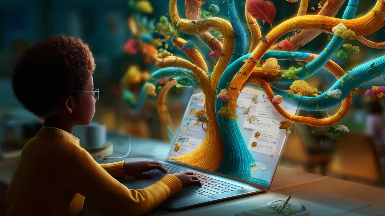A curious child explores a vibrant digital world, where colorful trees of knowledge and creativity bloom from their laptop, merging the realms of nature and technology in a beautiful display