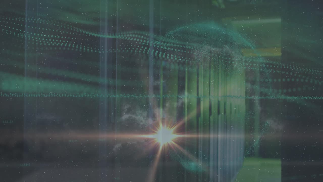 컴퓨터 서버 방에 대한 디지털 파동과 지구상에서 움직이는 빛의 점의 애니메이션