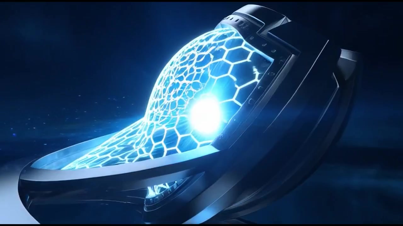 Futuristic Metallic Shield with Glowing Blue Hexagonal Grid