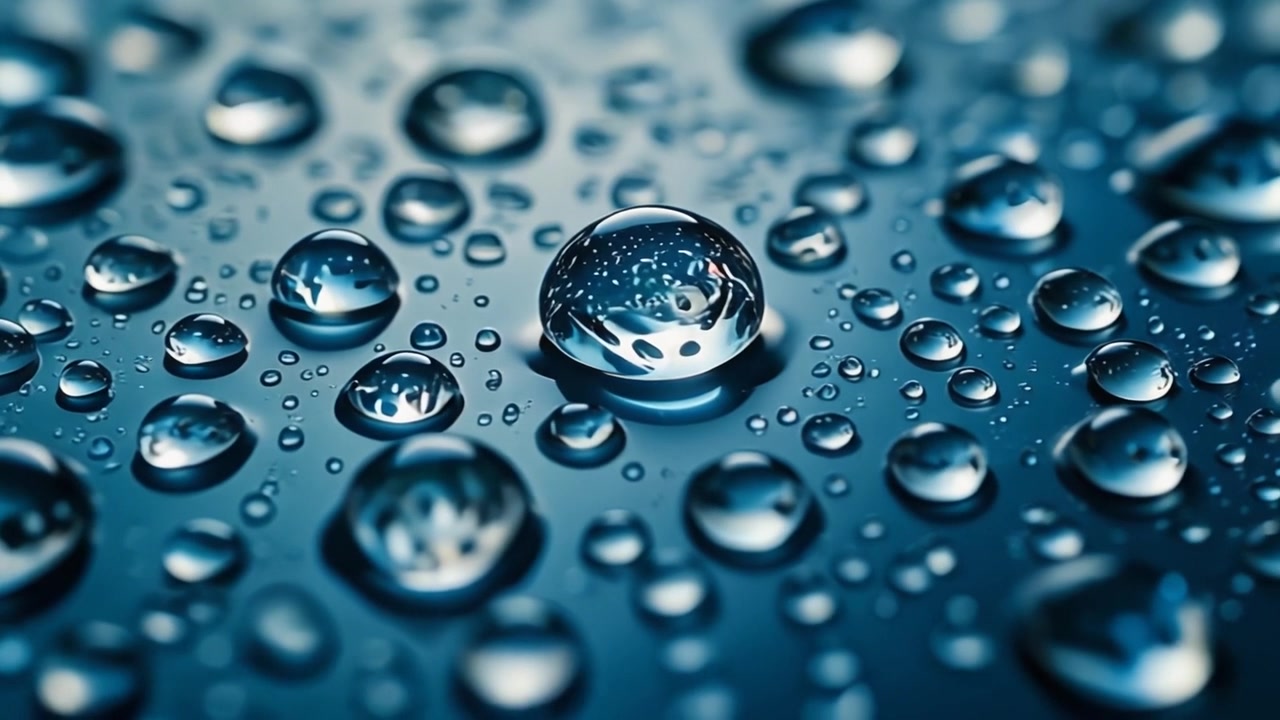 Macro Close-up of Clear Water Droplets on a Dark Blue Surface