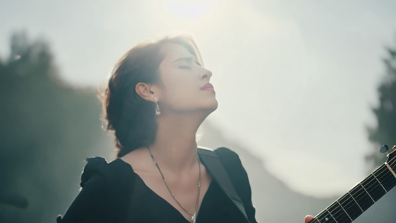 una mujer hermosa tocando la guitarra en la naturaleza.