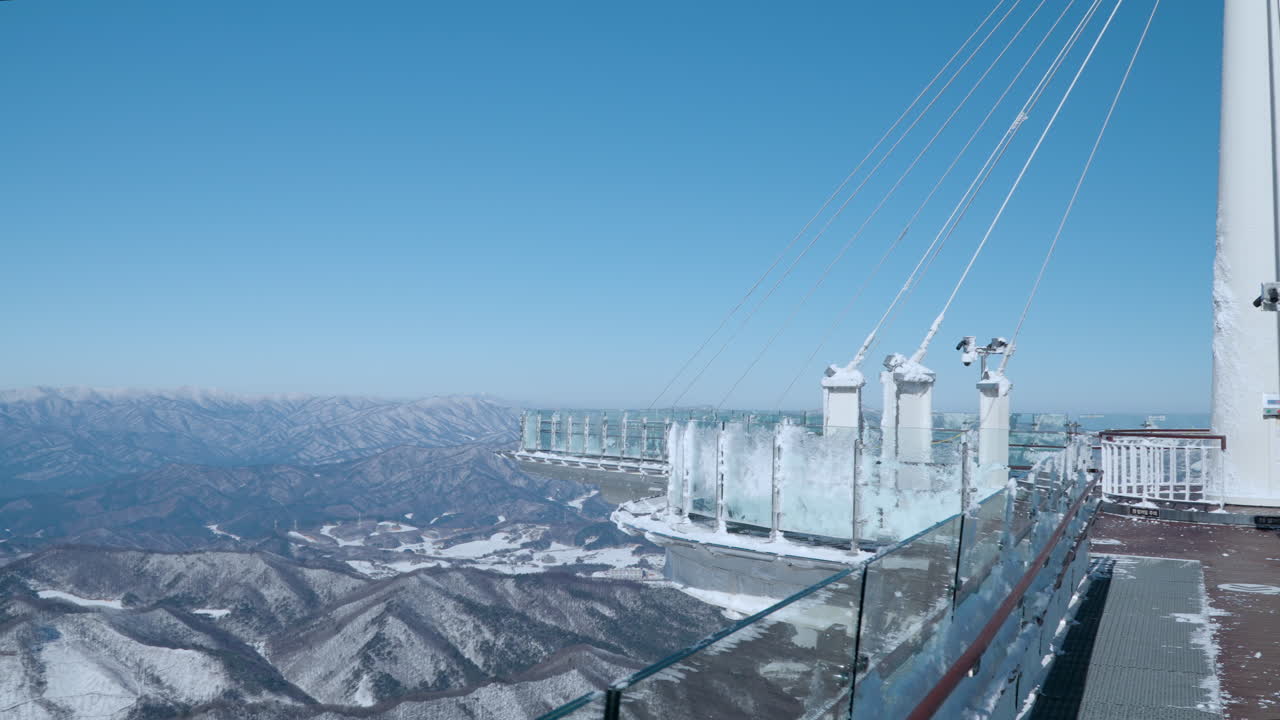 View From Snow Capped Balwangsan Ki Skywalk Observation Deck on Baekdudaegan Mountain Range in Pyeongchang County, South Korea